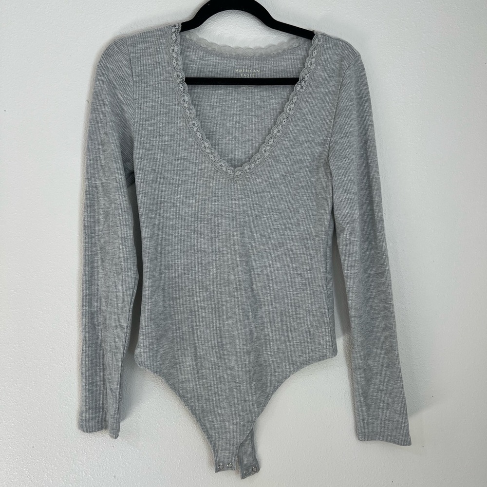 American Eagle Outfitters Light Gray V-Neck Bodysuit